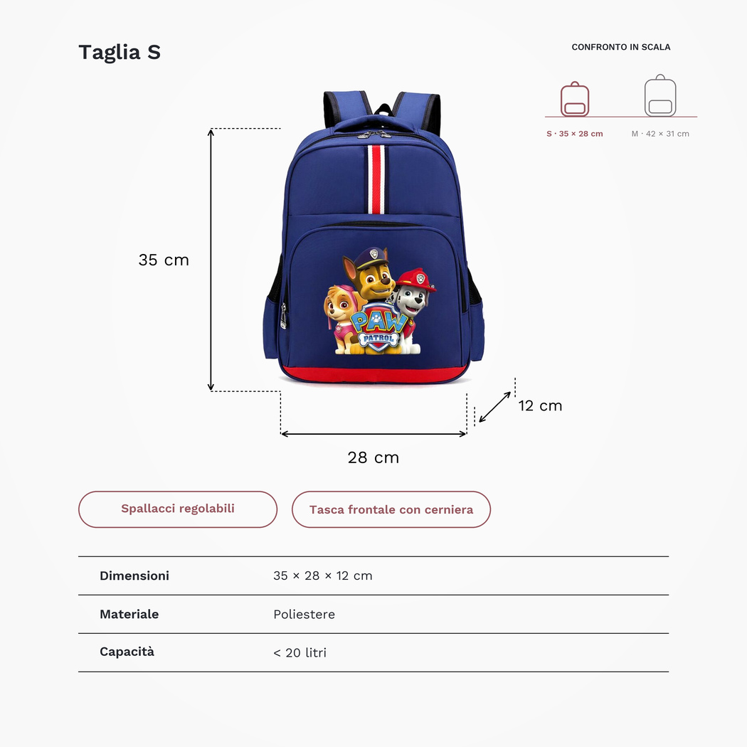 Zaino Paw Patrol elegante in taglia S, dimensioni 35 × 28 × 12 cm