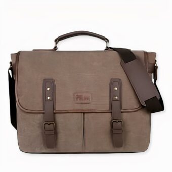 Borsa a tracolla per computer marrone da 14 pollici in stile vintage con sfondo bianco marrone, di buona qualità e molto trendy.