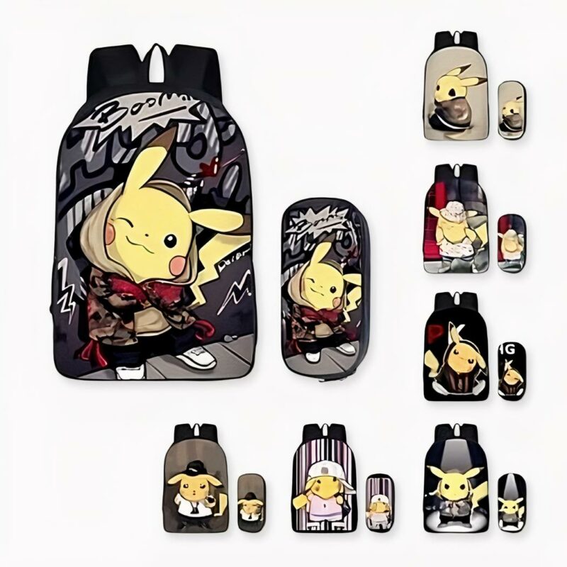 Zaino per bambini Pokemon Pikachu con astuccio per matite abbinato con disegno sul davanti.