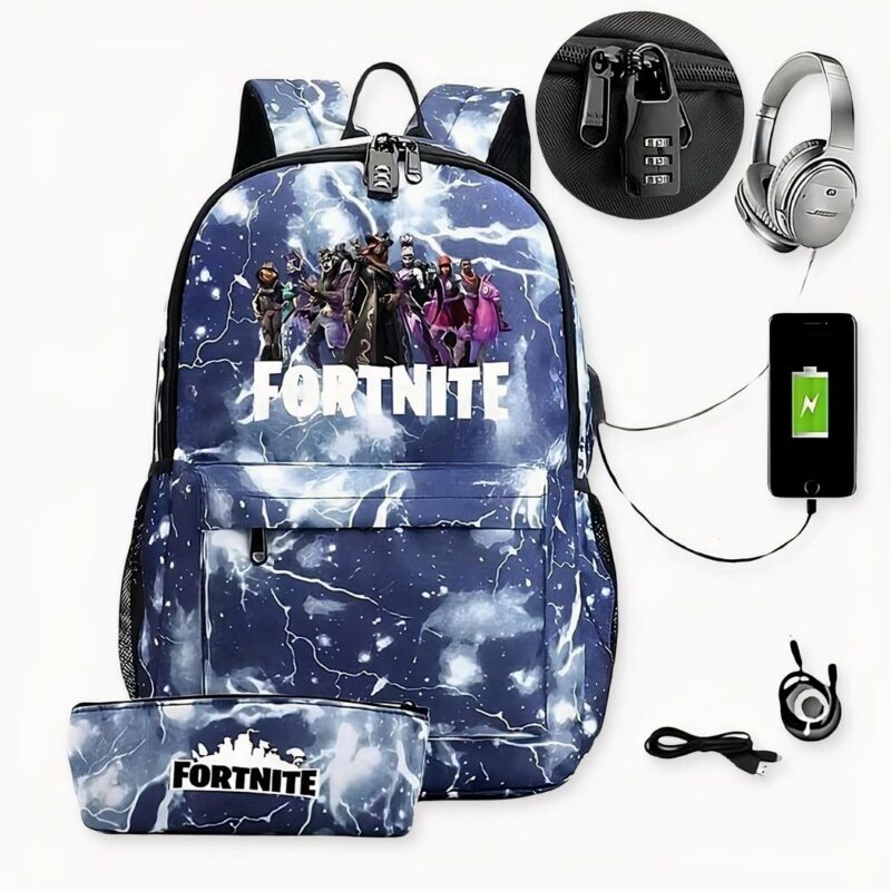 Zaino Fortnite con custodia coordinata e caricatore USB, di buona qualità e molto trendy.