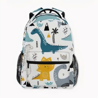 Zaino ergonomico per dinosauri bianco e colorato per bambini, di buona qualità e molto trendy.