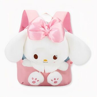 Zaino rosa per bambine con coniglietto bianco di peluche. Di buona qualità e molto alla moda.