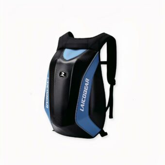 Zaino da moto impermeabile espandibile in blu su sfondo grigio chiaro.
