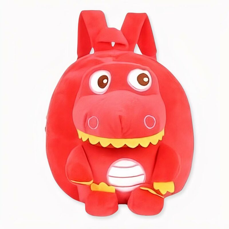 Zaino dinosauro lillipuziano in pile rosso. Di buona qualità e molto alla moda.