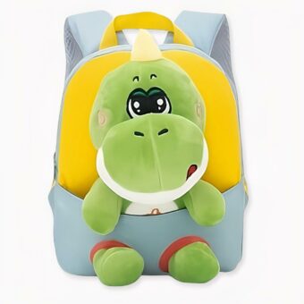 Zaino per bambini Lillipuziano con peluche di dinosauro grigio e giallo. Di buona qualità e molto alla moda.