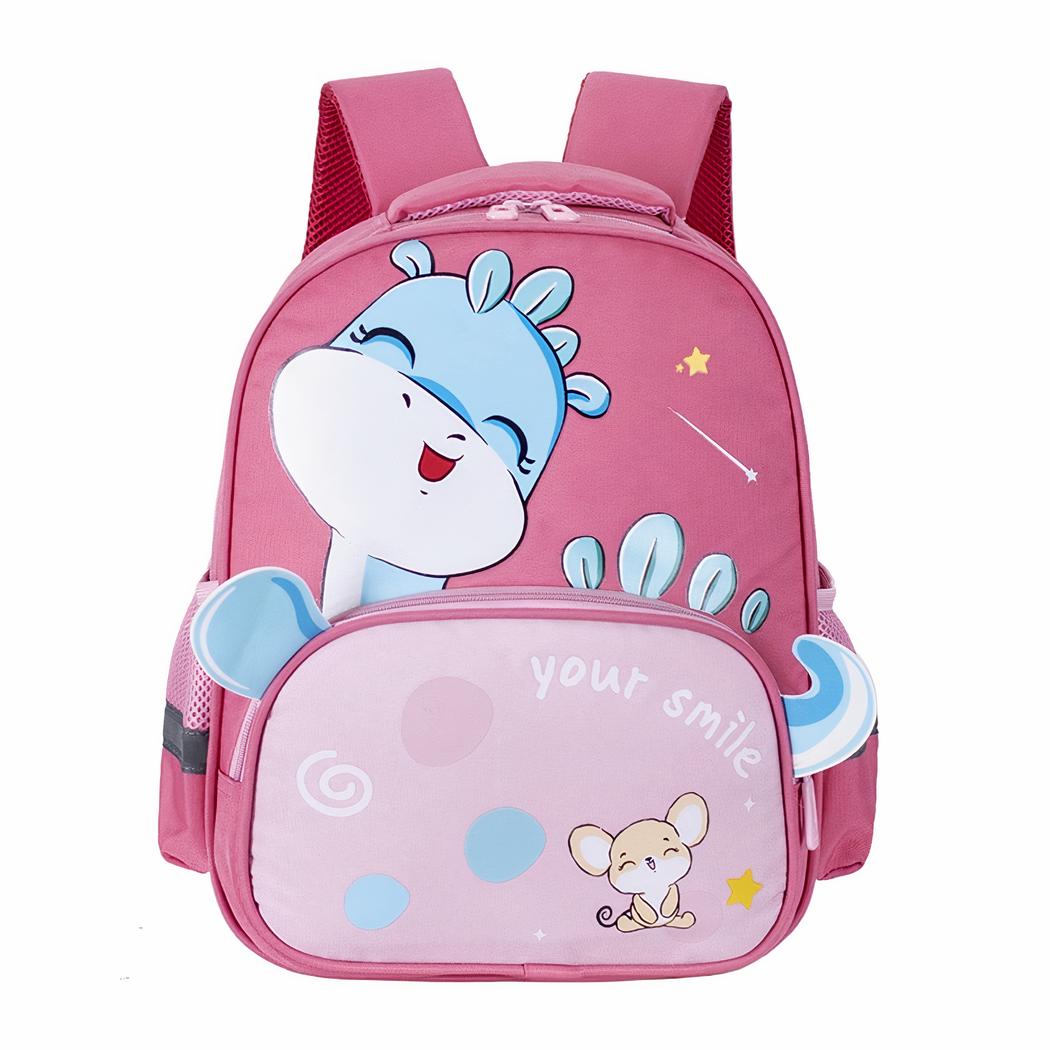 Zaino dinosauro cartone animato rosa di una bambina con sfondo bianco