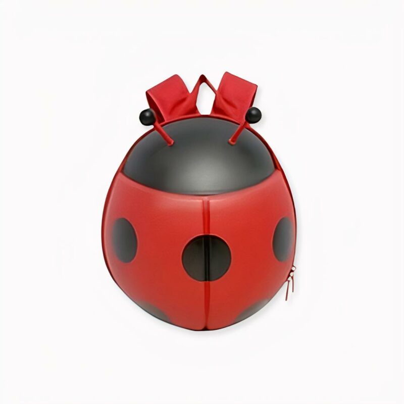 Zaino colorato a forma di coccinella per bambini in rosso e nero. Di buona qualità e molto alla moda.