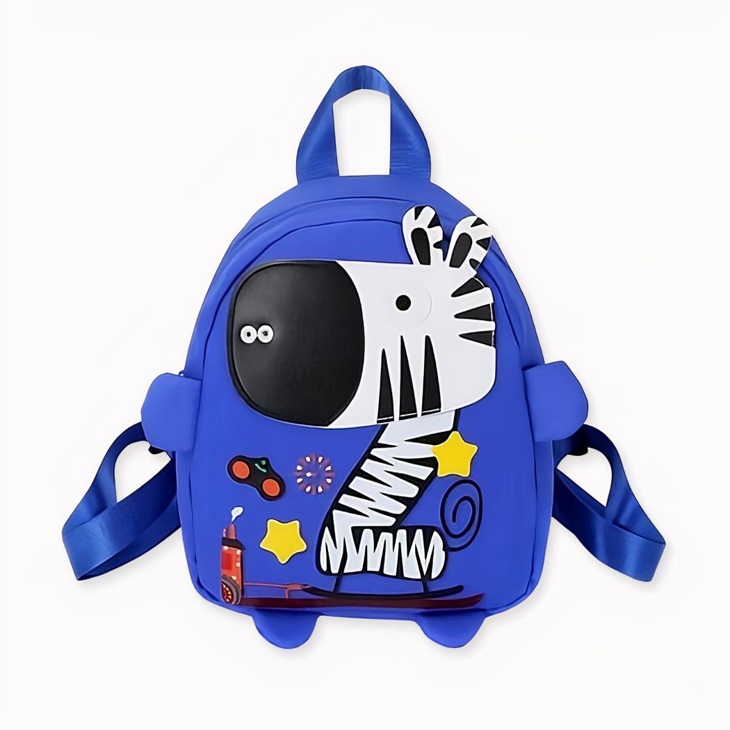 Zaino da asilo colorato illustrato con una zebra blu alla moda.