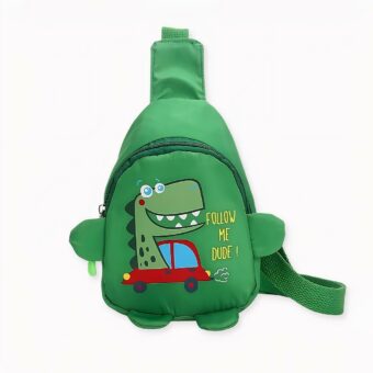 Borsa dinosauro piccola per bambini dell'asilo con cappello di paglia sul retro e un libro
