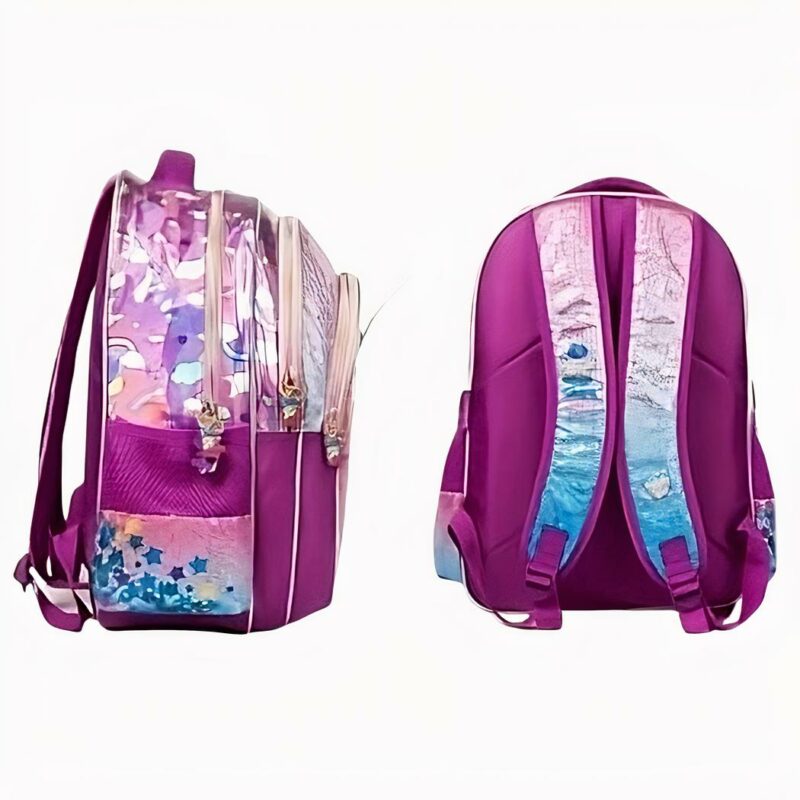 Cartable_licorne_a_fleur_en_paillette_pour_fille_2 Una cartella da bambino con unicorno mostrata dal retro e dal lato. È rosa con paillettes e tocchi di blu.