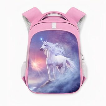 Zaino CP rosa per bambini con immagine di unicorno sulla tasca anteriore, presentato. Di buona qualità e molto pratico.