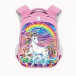 Zaino rosa per bambini di prima elementare con immagine di unicorno multicolore e grande arcobaleno sulla tasca anteriore. Di buona qualità e molto alla moda.
