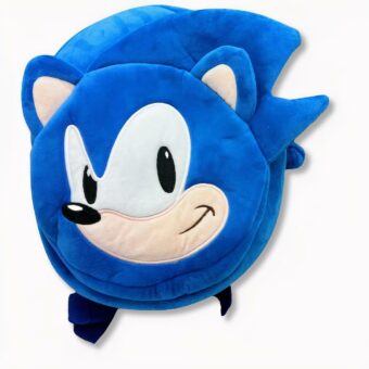 Zaino blu con Sonic, con testa di riccio, su uno sfondo grigio chiaro