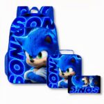 Zaino blu con Sonic, composto da 3 parti: 1 zaino, 1 borsa per il pranzo e un portamatite