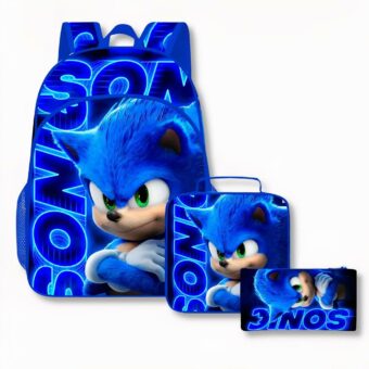 Zaino blu con Sonic, composto da 3 parti: 1 zaino, 1 borsa per il pranzo e un portamatite
