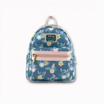 Piccolo zaino blu e rosa per bambini con il personaggio Stitch, decorato con dettagli floreali su sfondo bianco