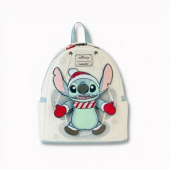 Zaino per bambini con Stitch vestito con i colori del Natale su uno sfondo grigio chiaro
