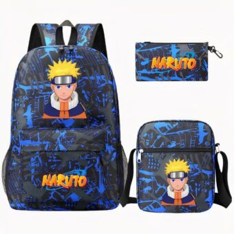 Zaino blu e nero con la testa di Naruto sulla parte superiore della borsa. La scritta Naruto sulla tasca anteriore in tonalità arancione. A destra, una borsa a tracolla e un portamatite abbinati.