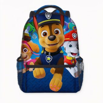Zaino Pat'Patrouille con tre cani su sfondo blu. Ha una tasca frontale.