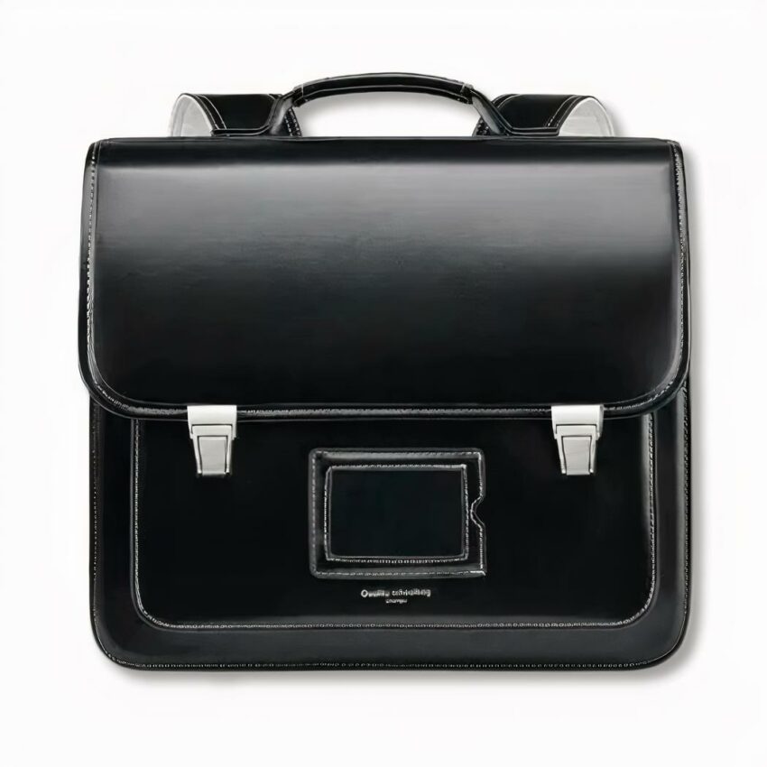IMG_cartable_traditionnel_main.jpeg Tradizionale cartella scolastica nera con portacarte sul davanti, su sfondo grigio chiaro