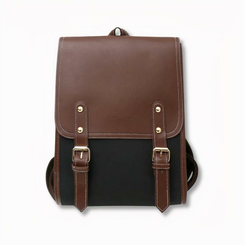 Zaino a cartella da donna in stile retrò in similpelle nera e marrone su sfondo grigio chiaro