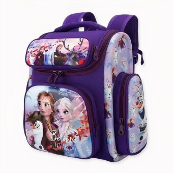 Zaino da scolaretta viola con motivo Elsa e Anna, personaggi della Regina delle Nevi.