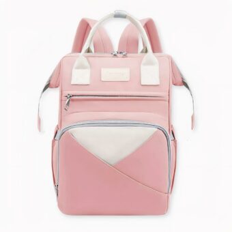 Zaino rosa per la mamma con il nome Olivia scritto sul davanti, su uno sfondo grigio chiaro