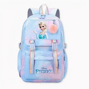 Zaino blu per bambini con Elsa la Regina delle Nevi e un pompon sul davanti.
