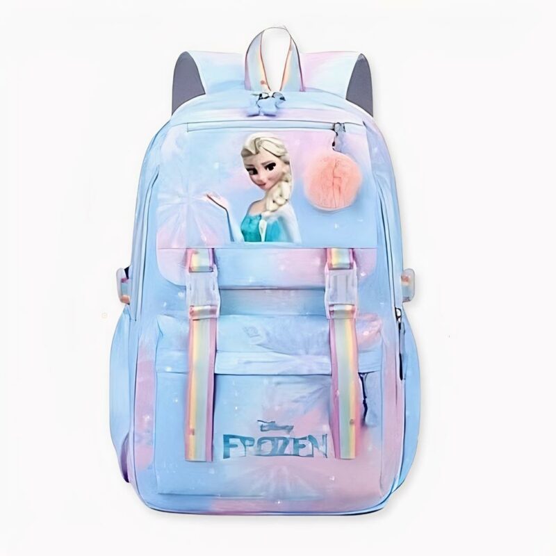 Zaino blu per bambini con Elsa la Regina delle Nevi e un pompon sul davanti.
