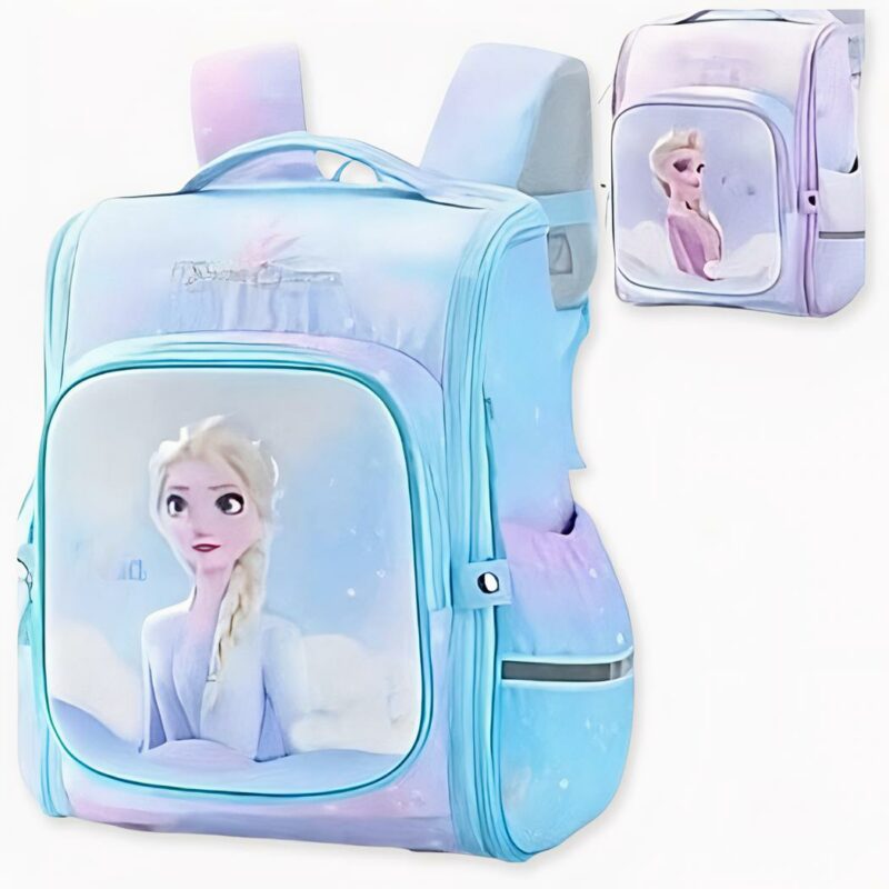 2 zaini ortopedici Snow Queen. Uno blu, l'altro malva su sfondo bianco