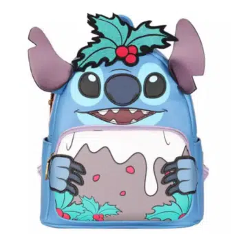 Piccolo zaino blu e bianco con il personaggio di Stitch con l'aspetto di Elvis Prestley, su uno sfondo grigio chiaro