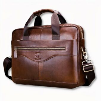 Borsa da uomo in pelle con sfondo grigio chiaro