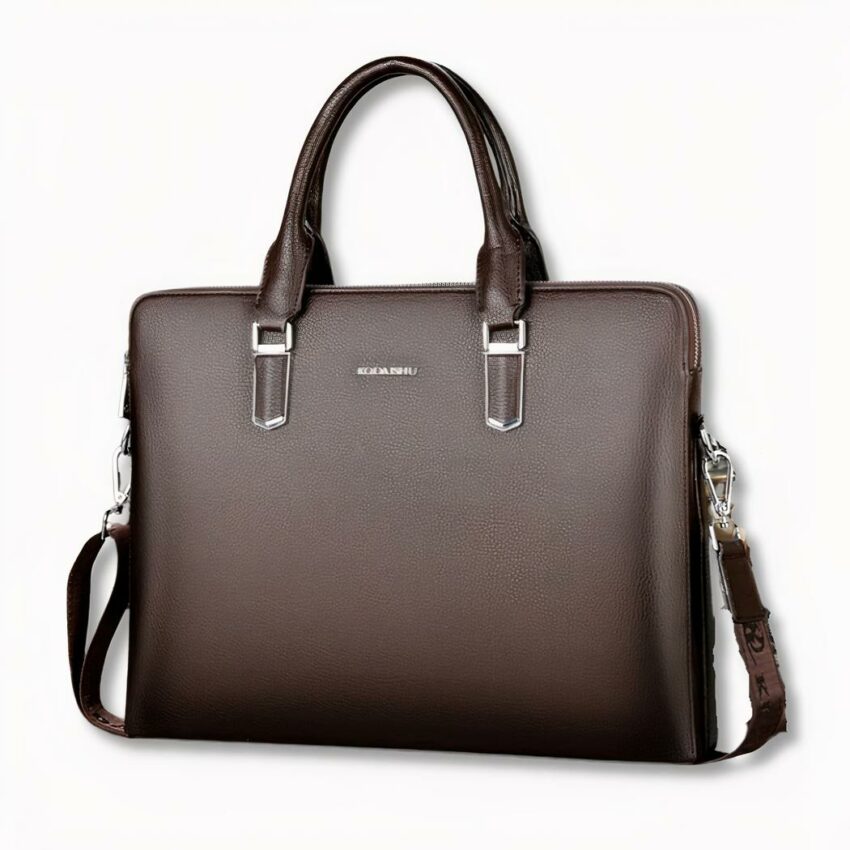 Cartella messenger da uomo in pelle con sfondo grigio chiaro
