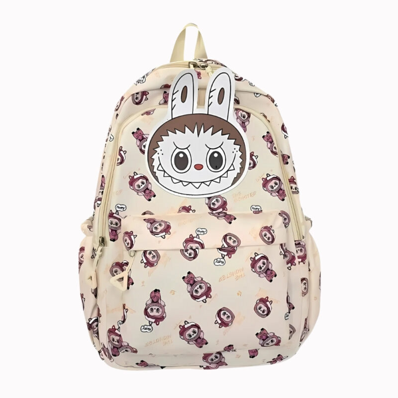 Zaino Labubu per la scuola primaria color beige con il personaggio in piccolo su tutta la superficie e il viso grande in alto stile scratch.