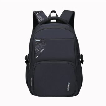 Zaino nero per bambini, visto di fronte, con design sobrio e tasche con zip su sfondo bianco.