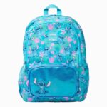 Zaino Stitch tasca blu metallizzata su sfondo bianco.