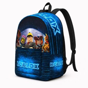 Zaino Roblox con logo neon blu, vista frontale