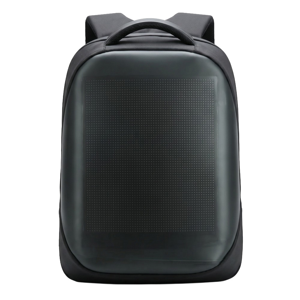 Un sac à dos LED à écran personnalisable noir, avec une grande face lumineuse à l’avant et des bretelles, posé sur fond blanc.