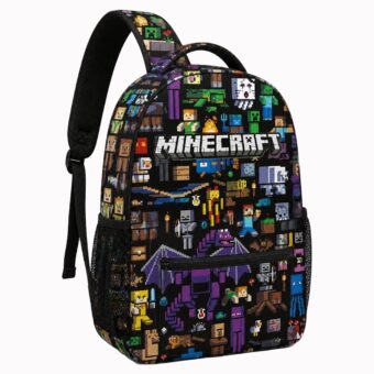 Zaino Minecraft con personaggi pixelati, vista frontale