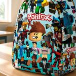 Zaino Roblox con collage di personaggi, vista laterale