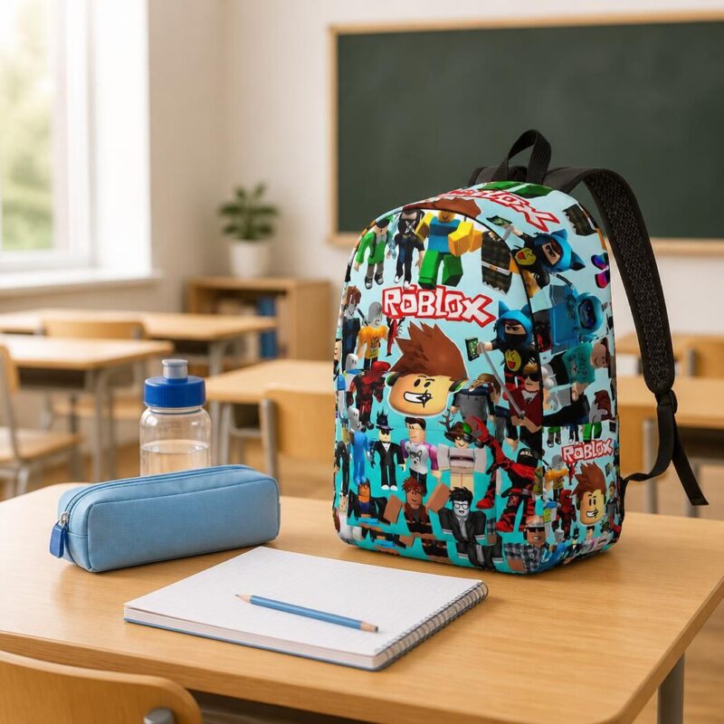 Zaino Roblox con collage di personaggi, dettaglio della stampa