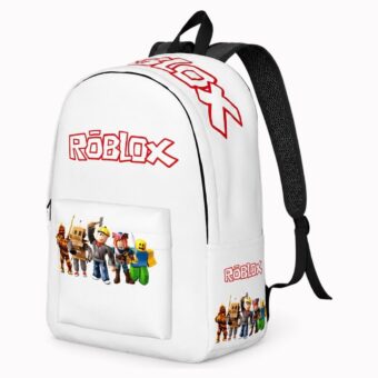 Zaino Roblox con logo rosso e personaggi allineati, vista frontale