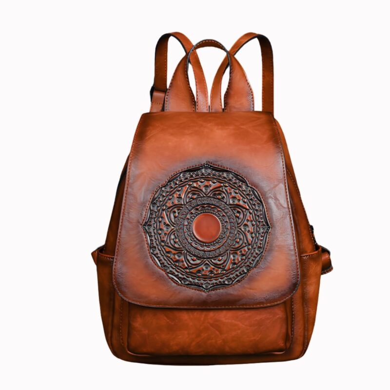 IMG_11_2025_sac_a_dos_retro_pour_femme_2.jpg Sac à dos rétro pour femme de couleur marron en cuir synthétique avec motif sur le devant.