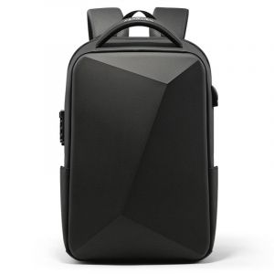 Zaino a guscio rigido per il computer portatile. Ha un lucchetto numerato. La borsa è nera con un design moderno. Ha una piccola tracolla e due spallacci per portarla sulla schiena.