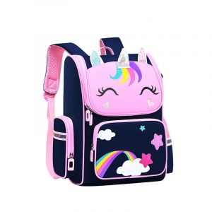 Zaino Unicorno con stelle e motivo arcobaleno per ragazze in blu e rosa con sfondo bianco
