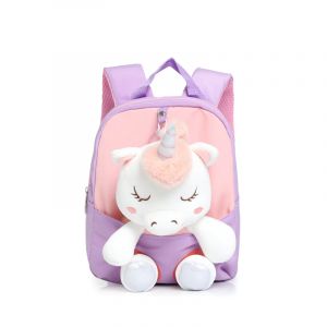 Carino zaino con unicorno addormentato viola e rosa per bambine con sfondo bianco